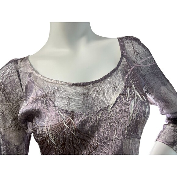 Komarov Dress Gray Silver Mauve Ginko Leaf Print Pleated Hem, Lace Detail $468 M - Picture 8 of 13
